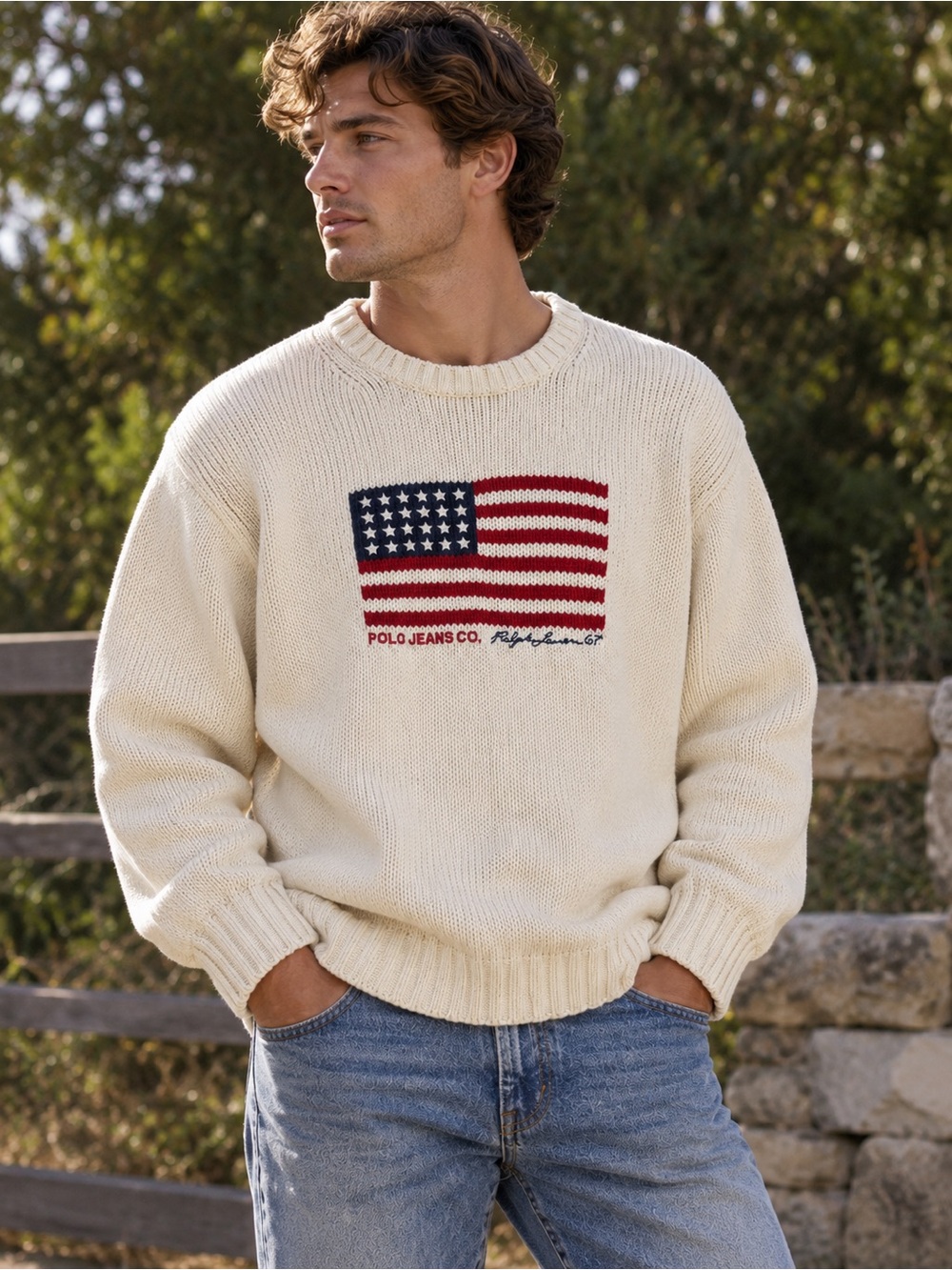 Polo Ralph Lauren Vintage Y2K Cream Chunky Knit Flag Sweater XXL